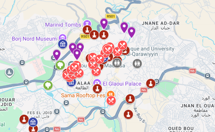 mapa atrakcji i zabytków Fezu