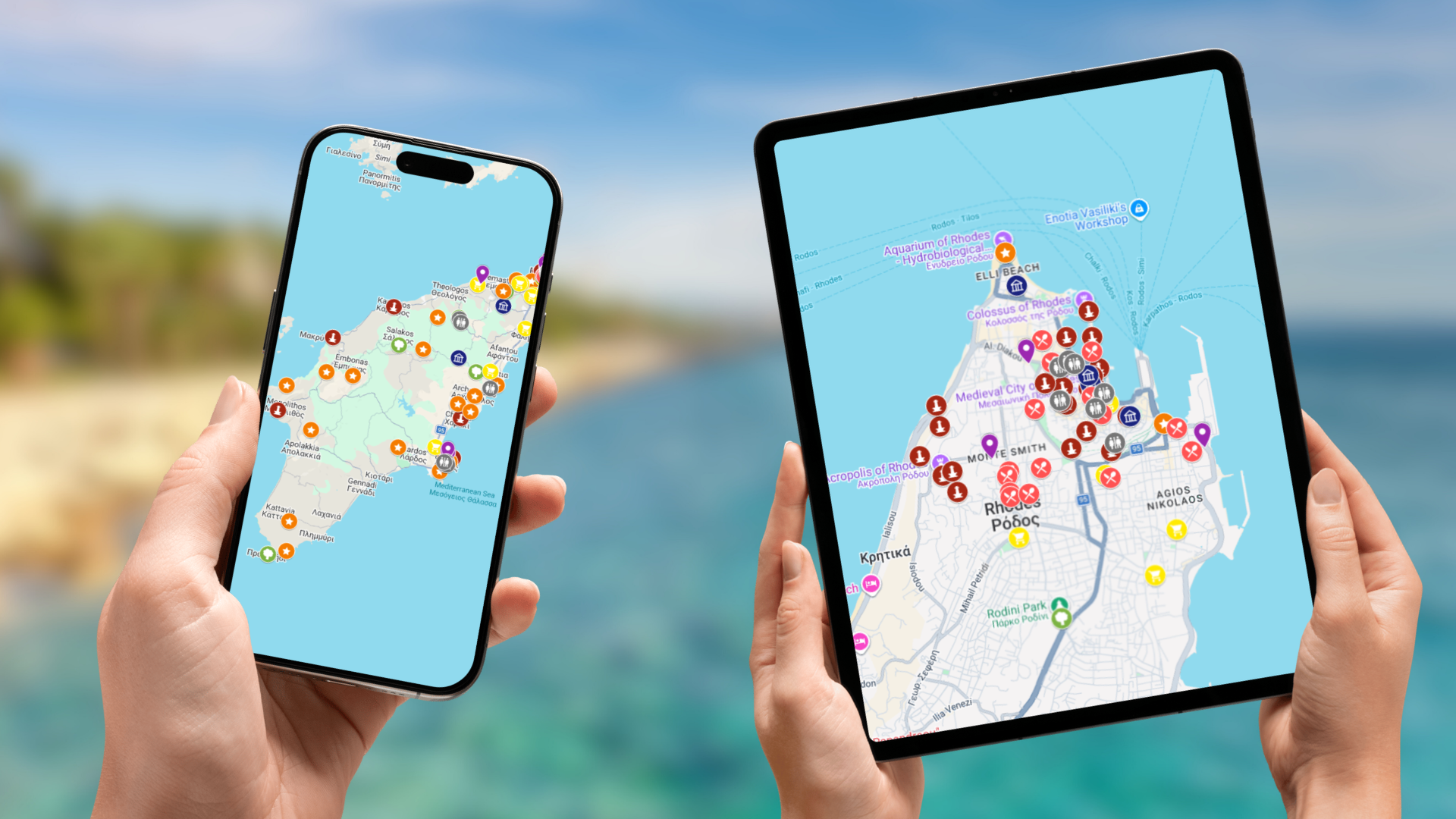 mapa atrakcji Rodos na telefonie i tablecie