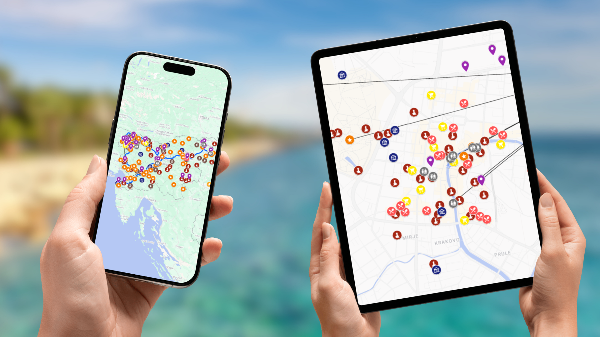 mapa atrakcji Słowenii na telefonie i tablecie