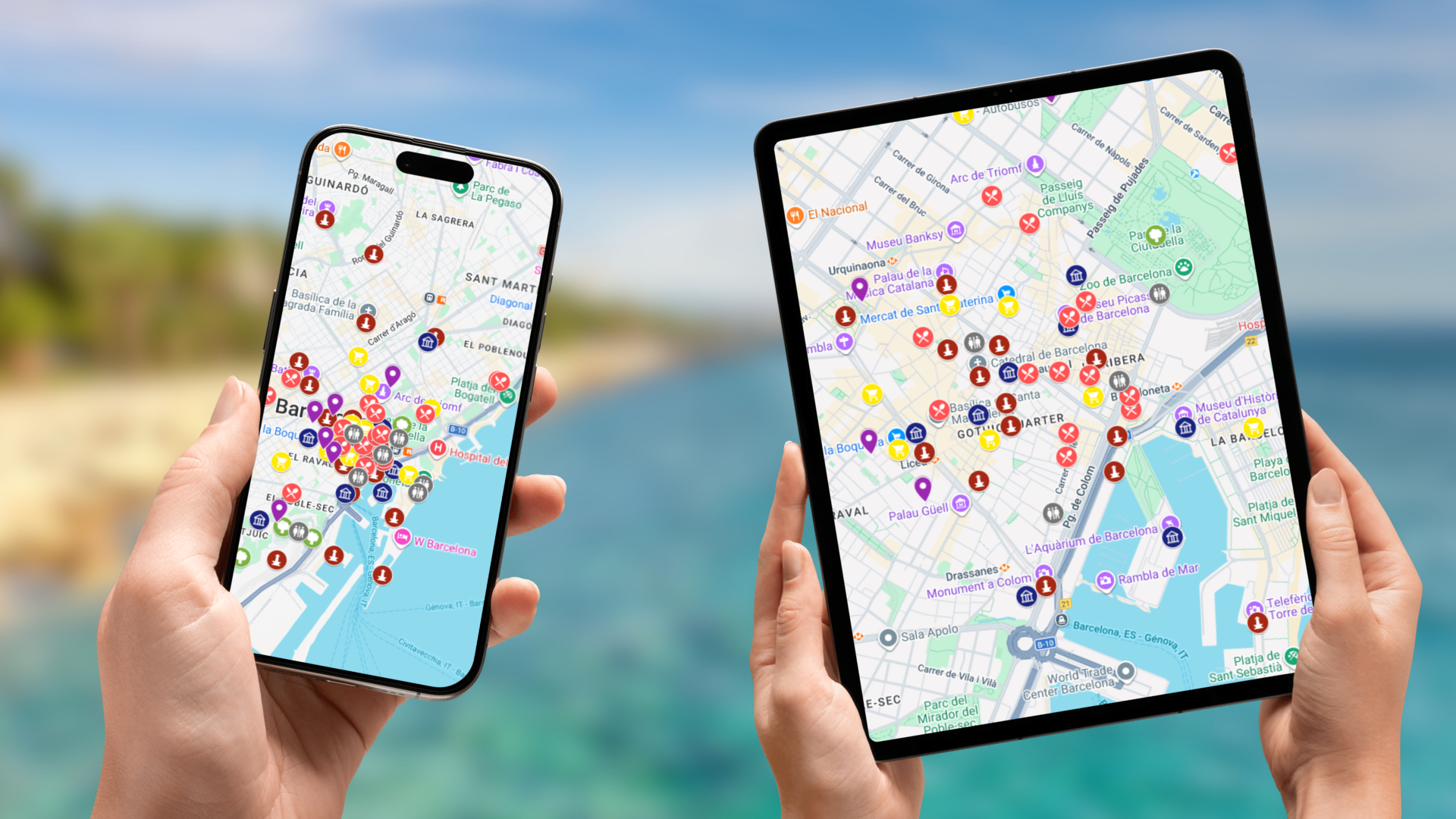 mapa atrakcji Barcelony na telefonie i tablecie