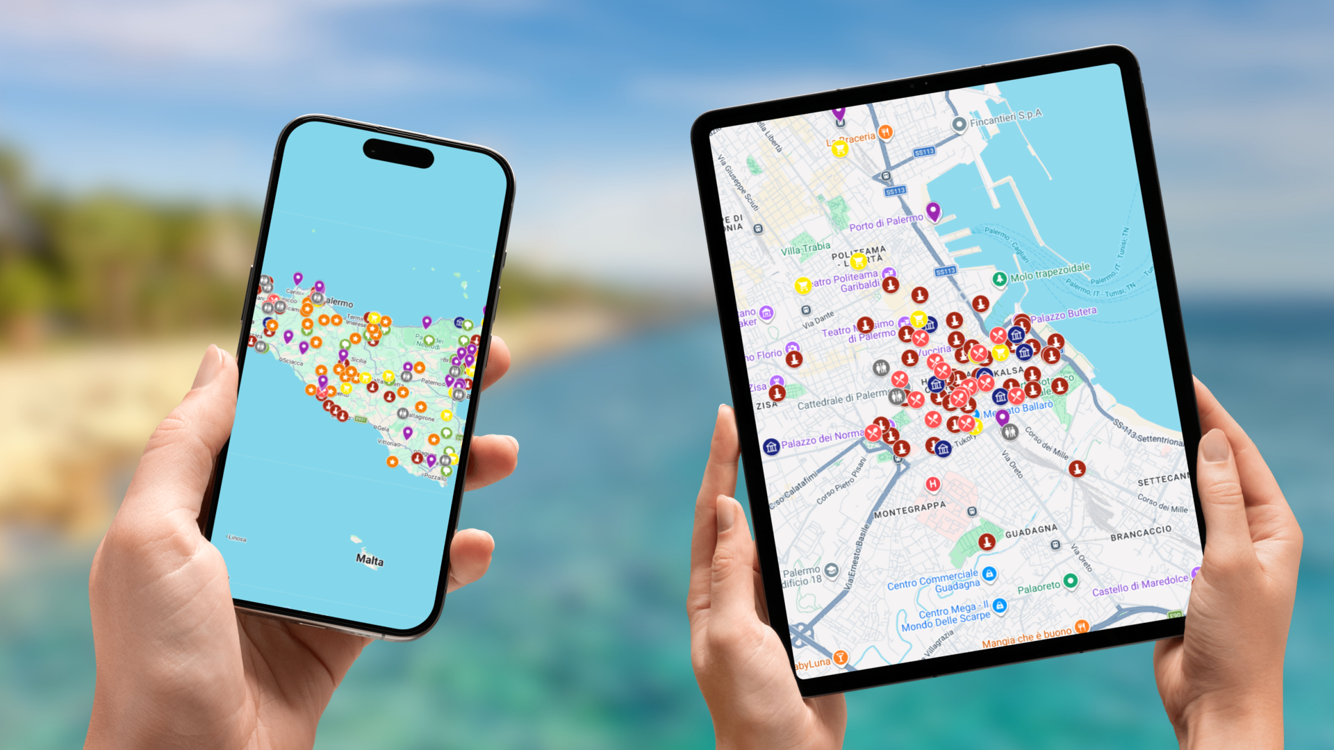 mapa atrakcji Sycylii na telefonie i tablecie