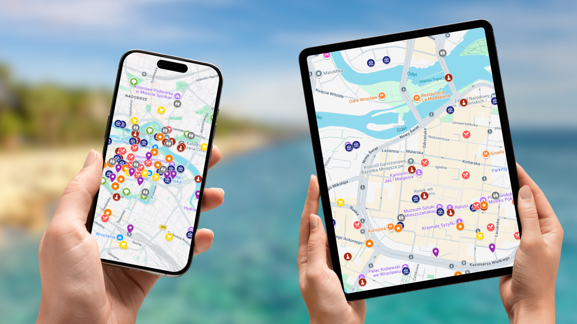 mapa atrakcji Wrocławia na telefonie i tablecie