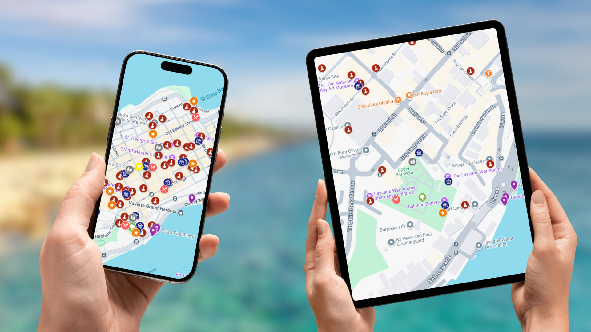 mapa atrakcji Valletty na telefonie i tablecie