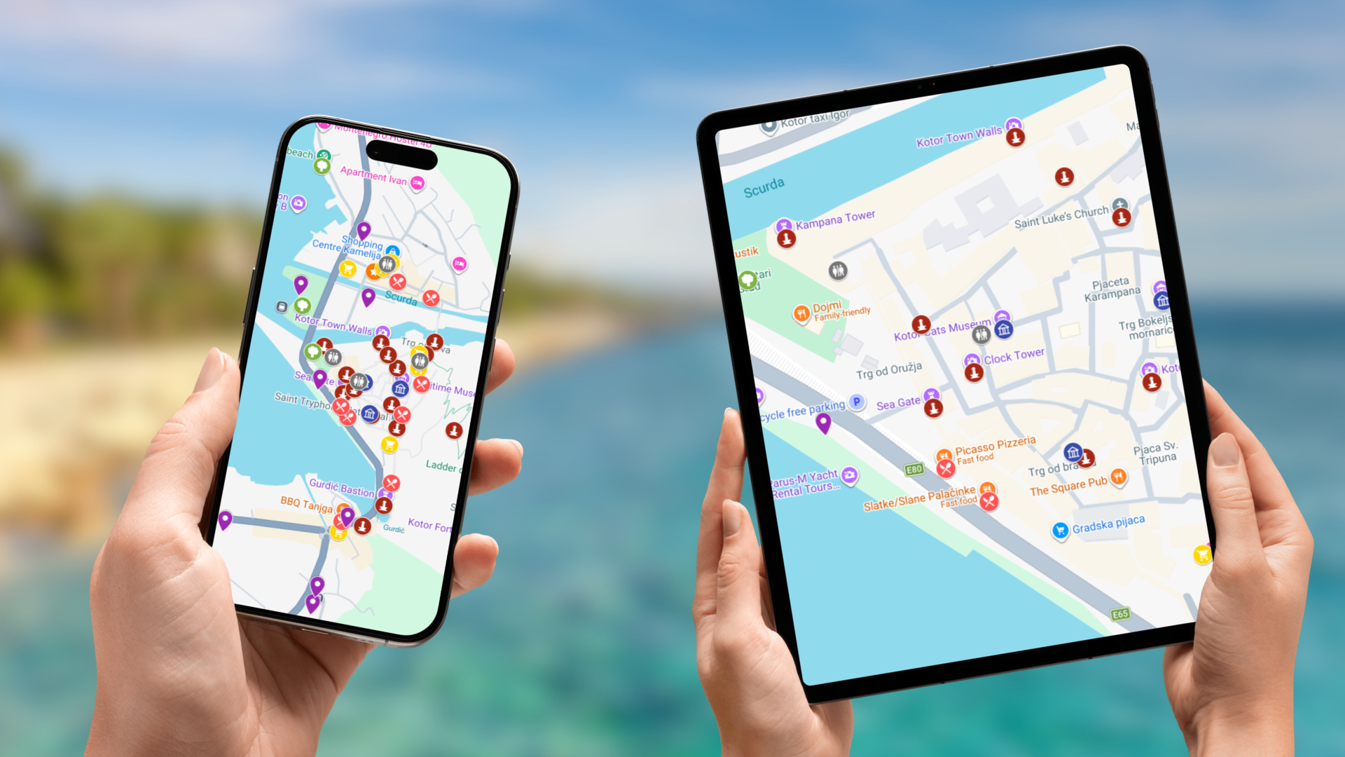 mapa atrakcji Kotoru na telefonie i tablecie