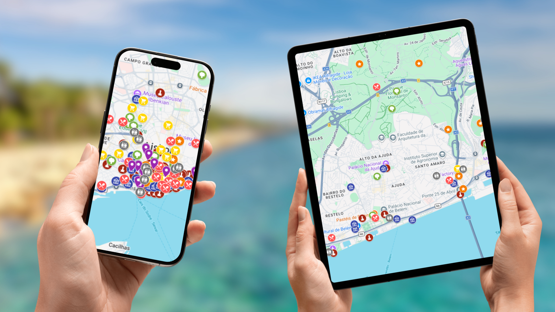 mapa atrakcji Lizbony na telefonie i tablecie