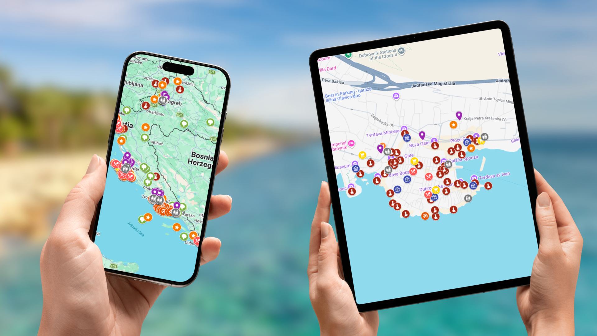 mapa atrakcji Chorwacji na telefonie i tablecie
