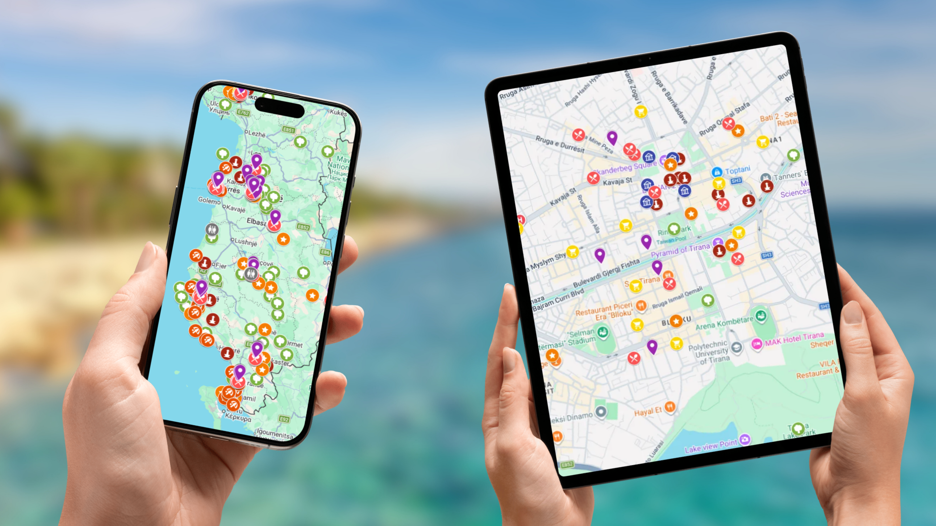 mapa atrakcji turystycznych Albanii na telefonie i tablecie