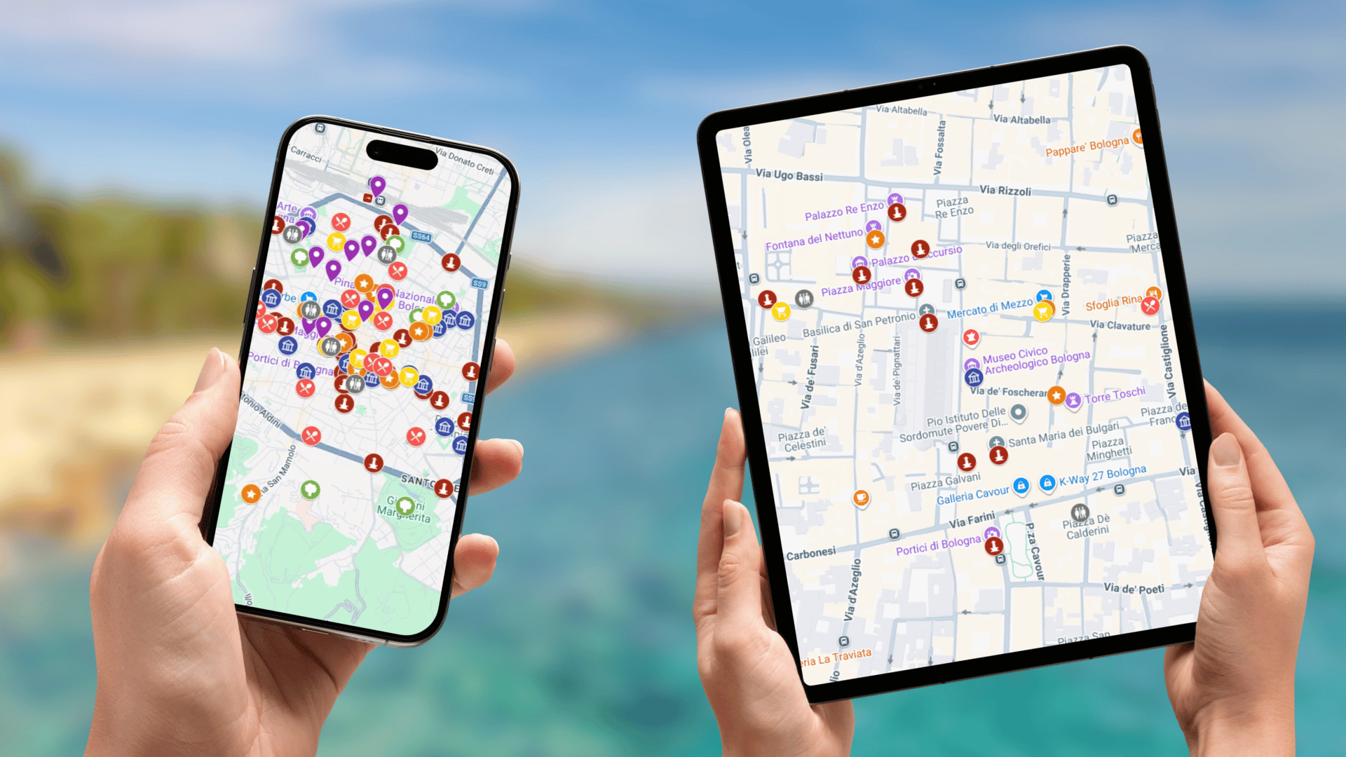 mapa atrakcji Bolonii na telefonie i tablecie