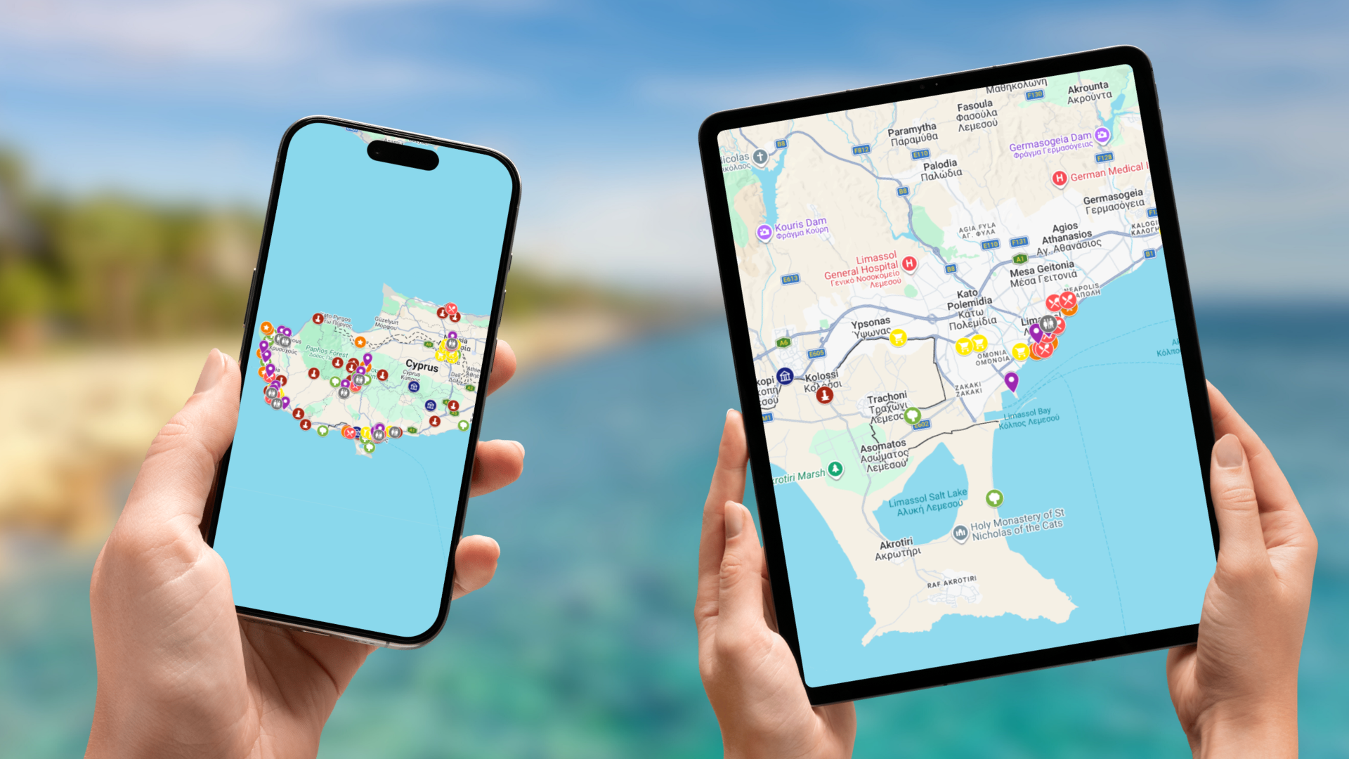 mapa atrakcji Cypru na telefonie i tablecie