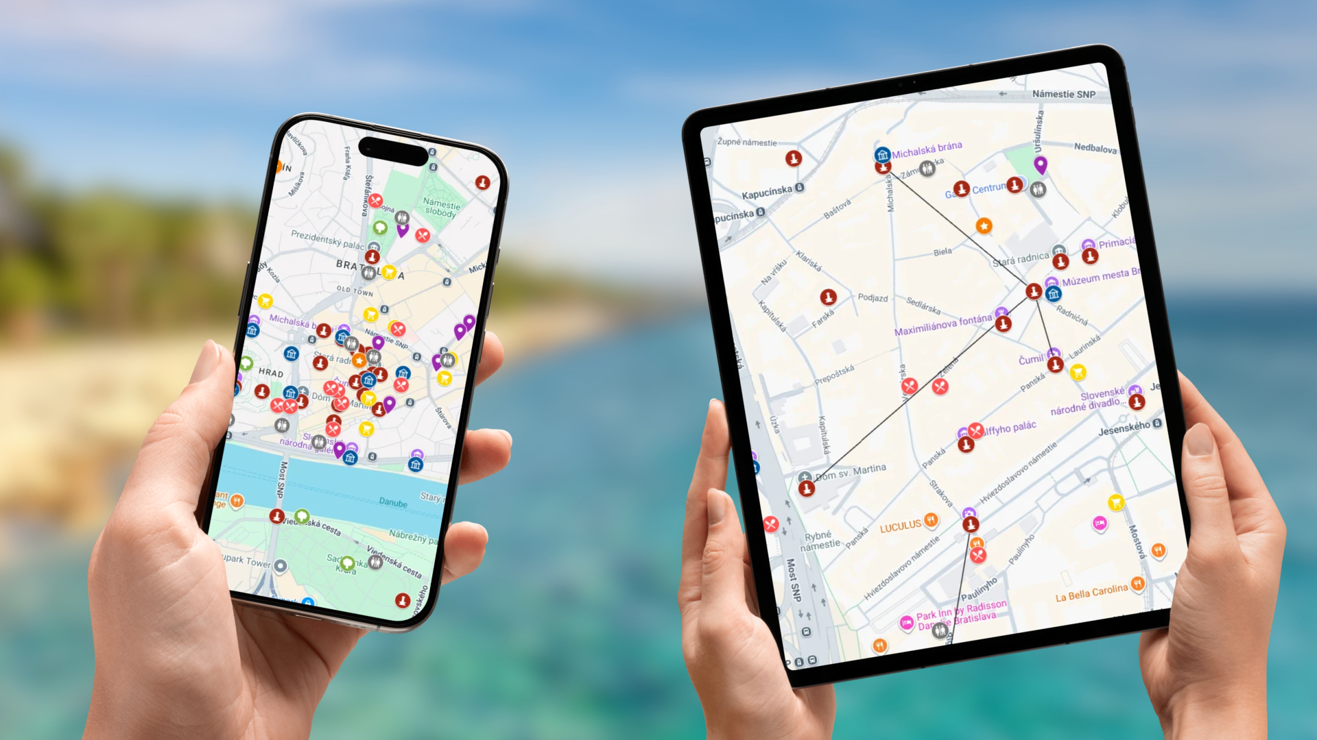 mapa atrakcji Bratysławy na telefonie i tablecie
