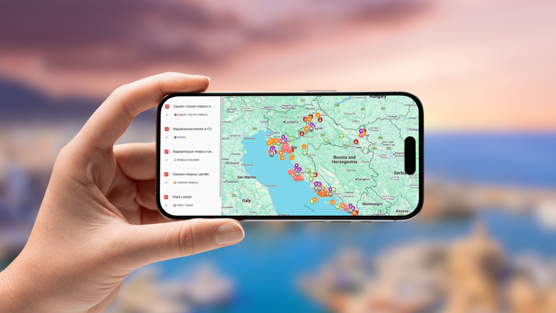 mapa Chorwacji otwarta na telefonie poziomo
