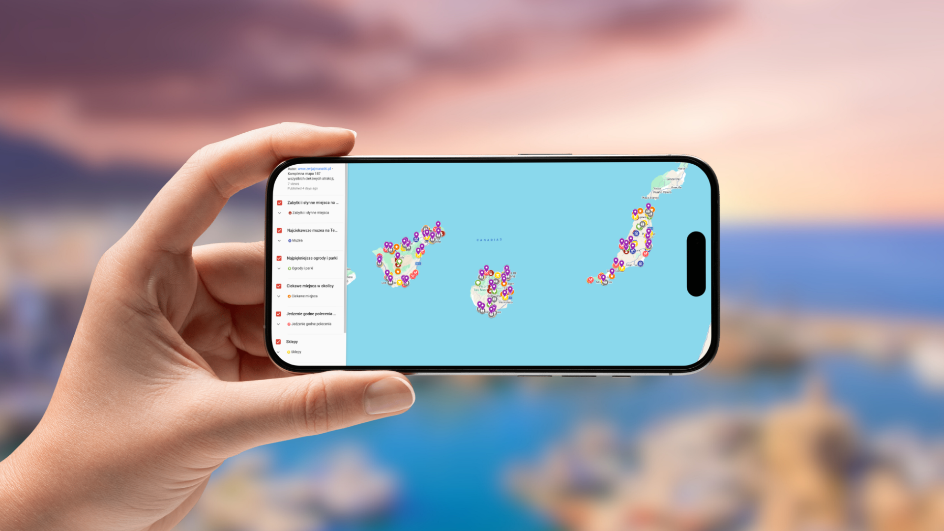 mapa Wyspy Kanaryjskich otwarta na telefonie poziomo