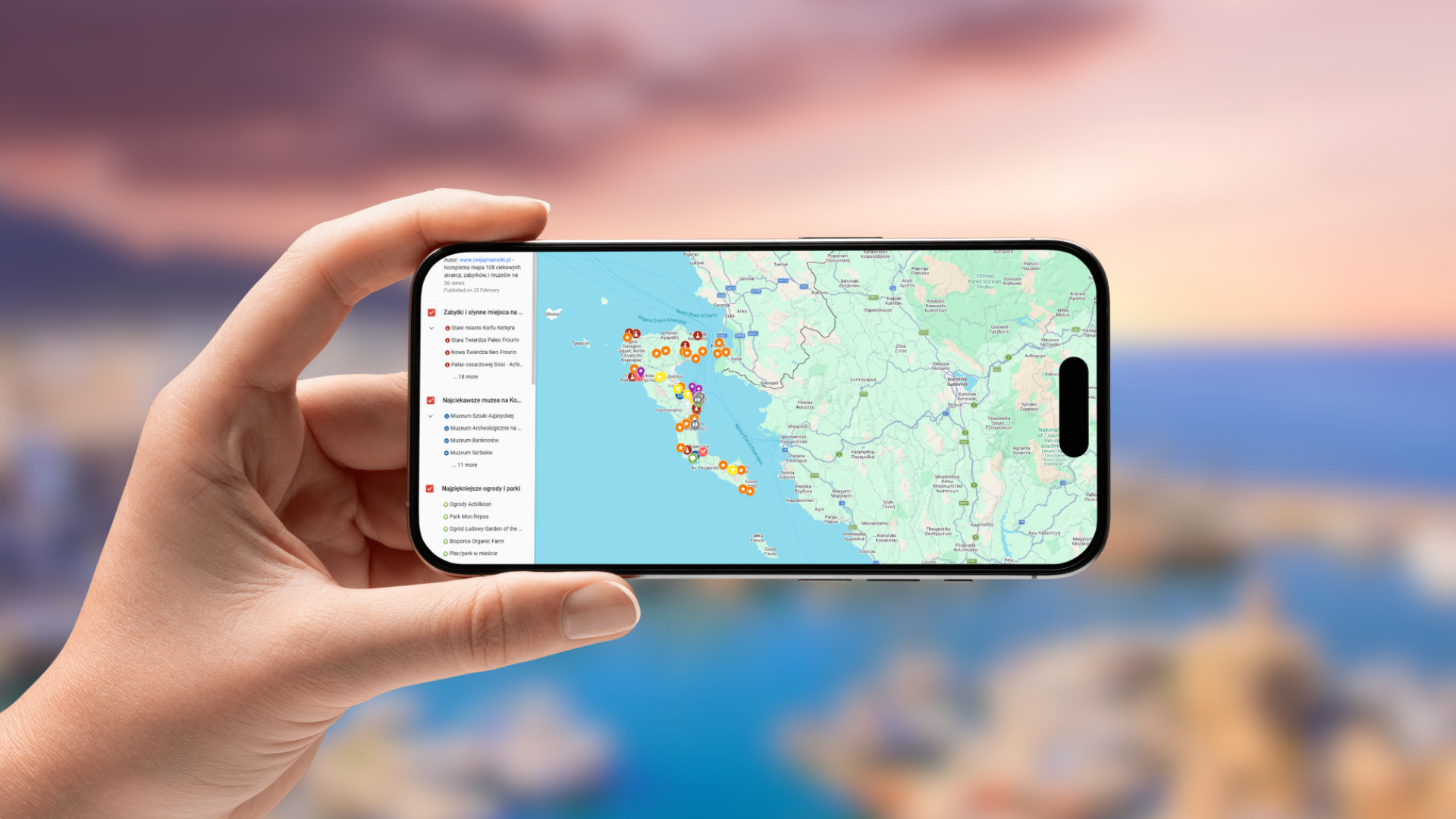 mapa Korfu otwarta na telefonie poziomo