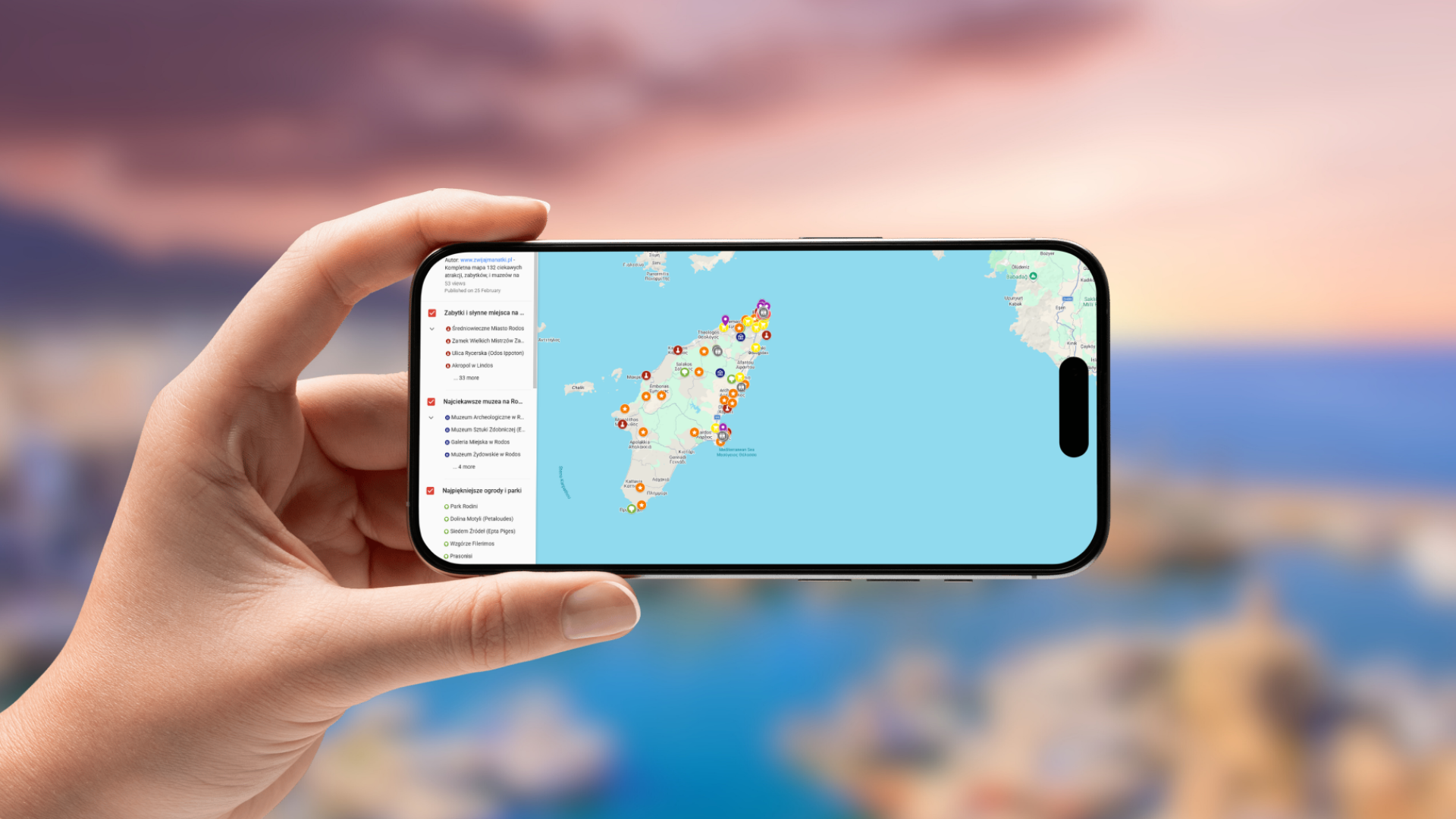 mapa Rodos otwarta na telefonie poziomo