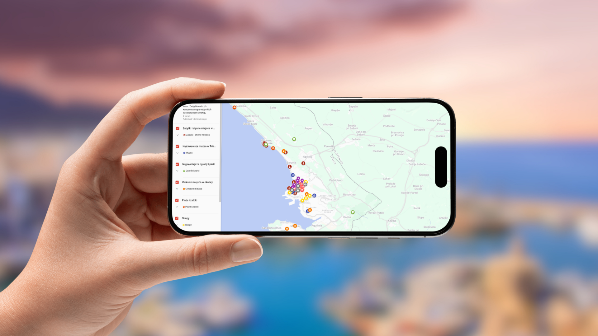 mapa Triestu otwarta na telefonie poziomo