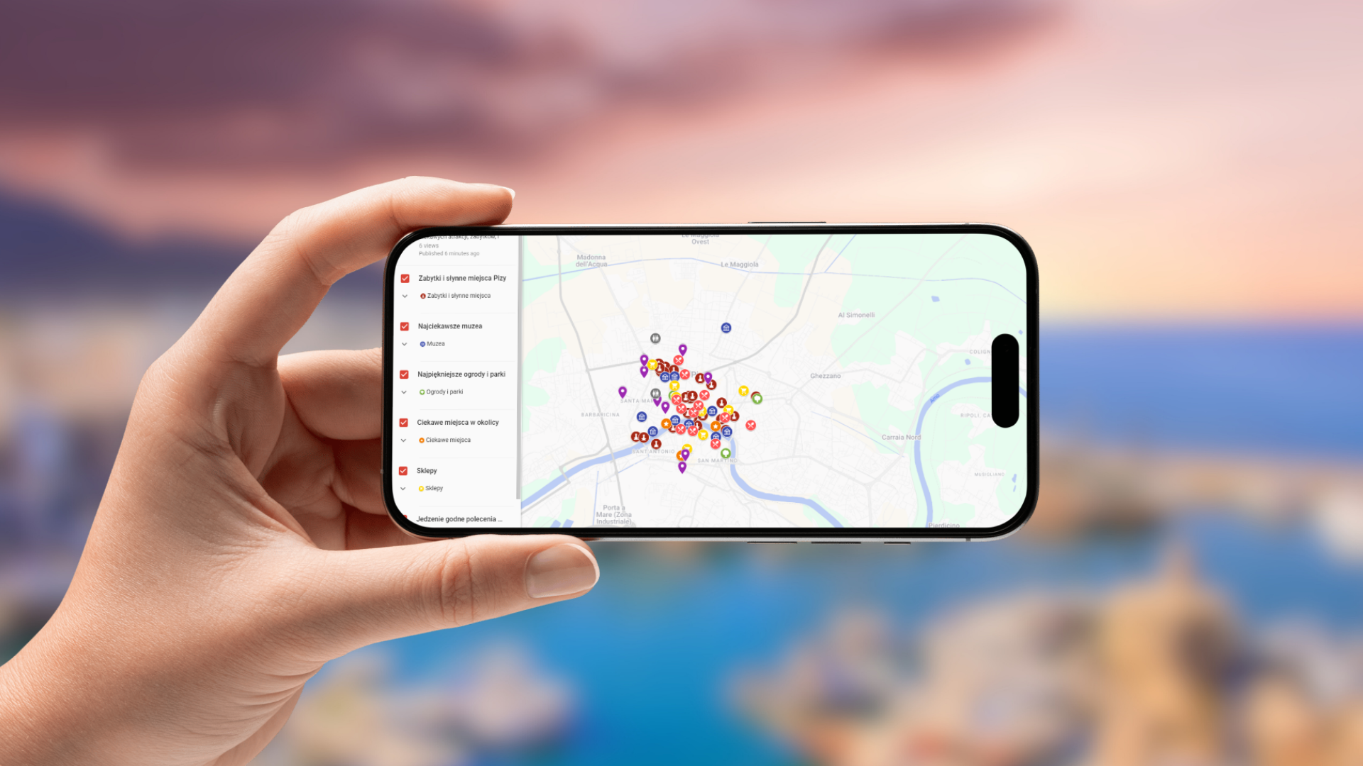 mapa Pizy otwarta na telefonie poziomo