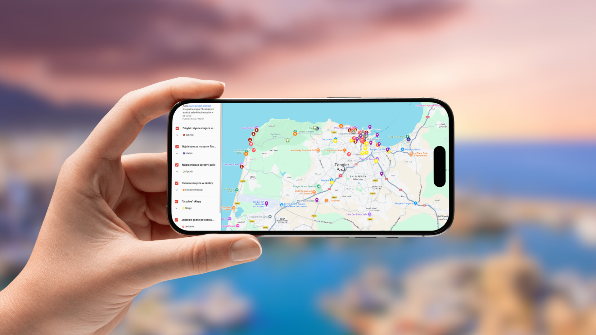 mapa Tangeru otwarta na telefonie poziomo