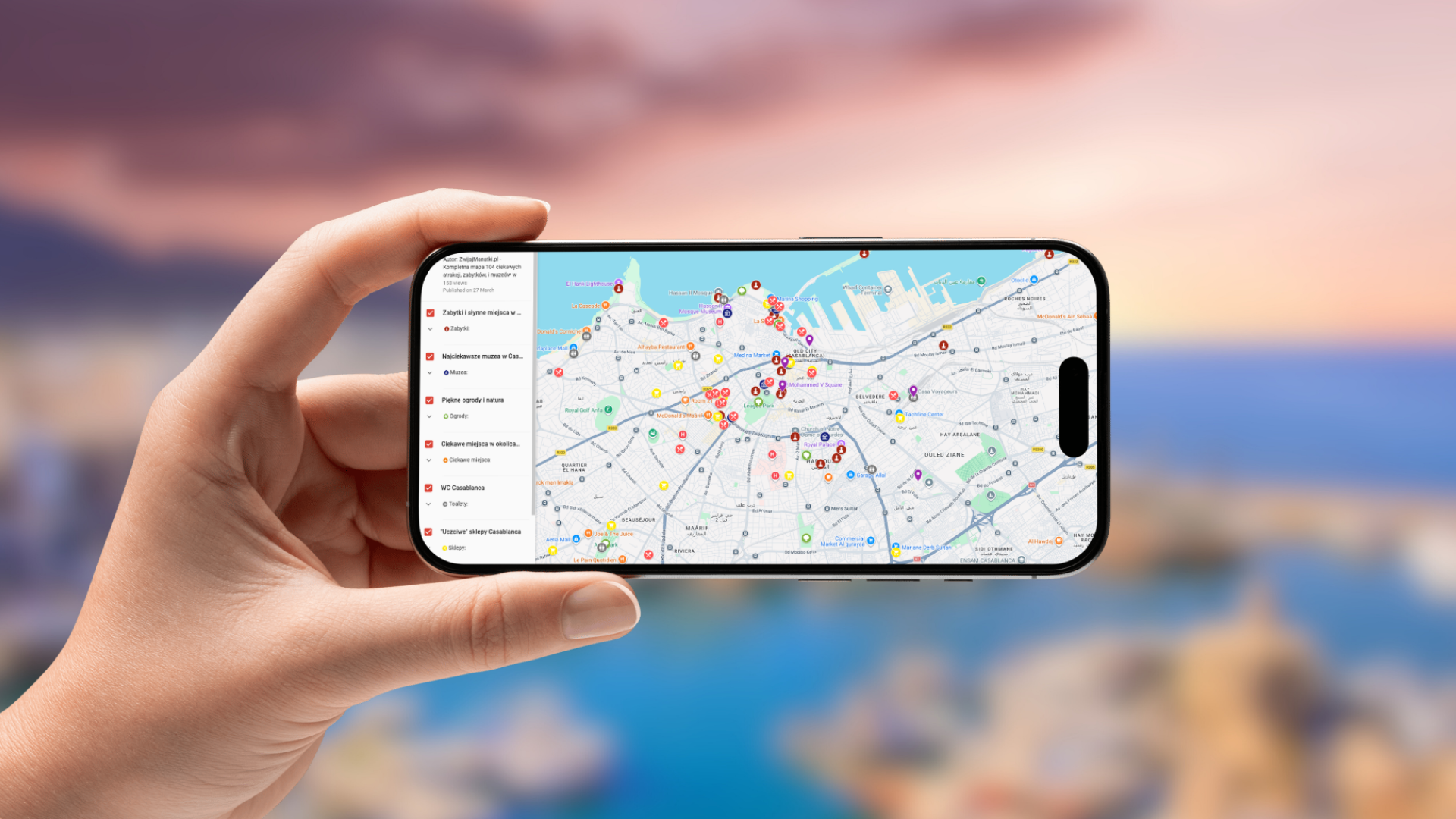 mapa Casablanki otwarta na telefonie poziomo