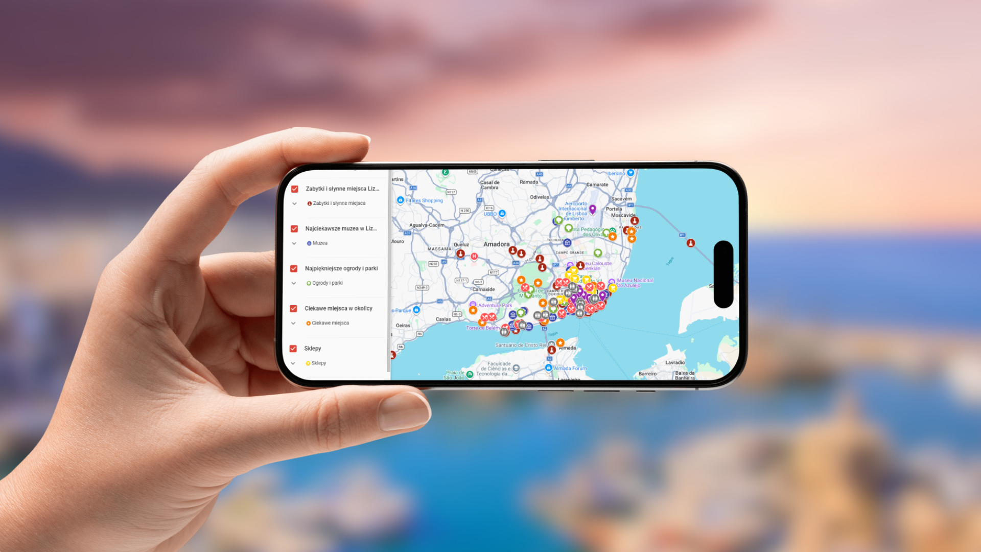 mapa Lizbony otwarta na telefonie poziomo