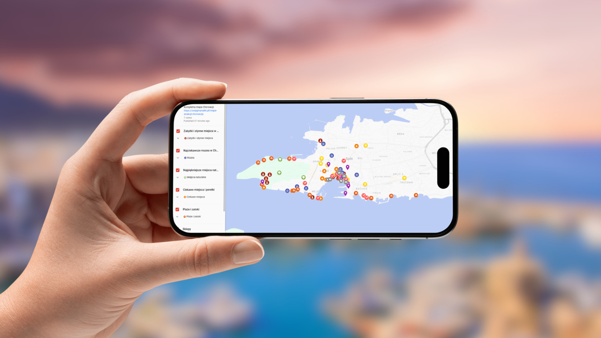 mapa Splitu i Trogiru otwarta na telefonie poziomo