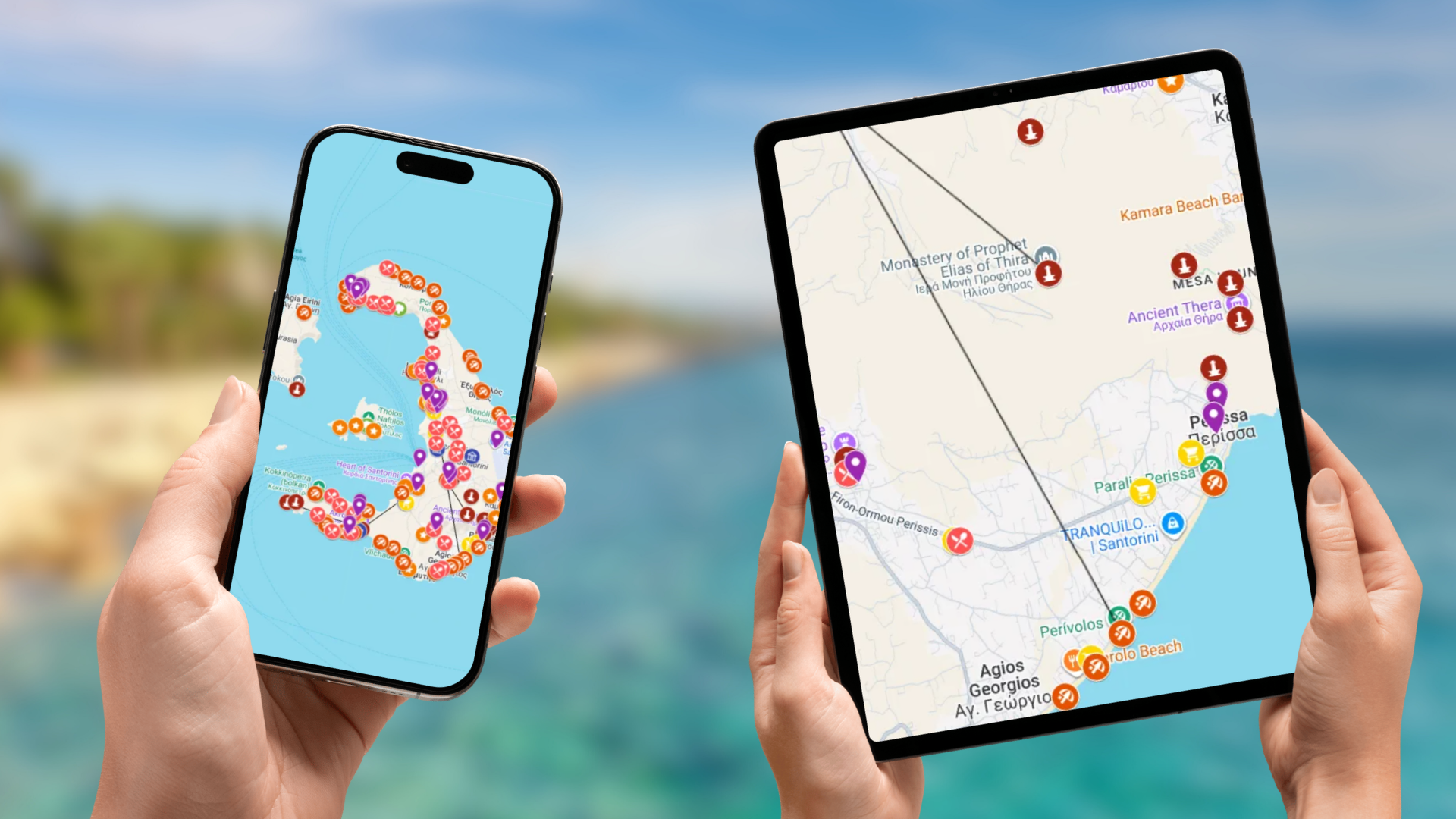 mapa atrakcji Santorini na telefonie i tablecie